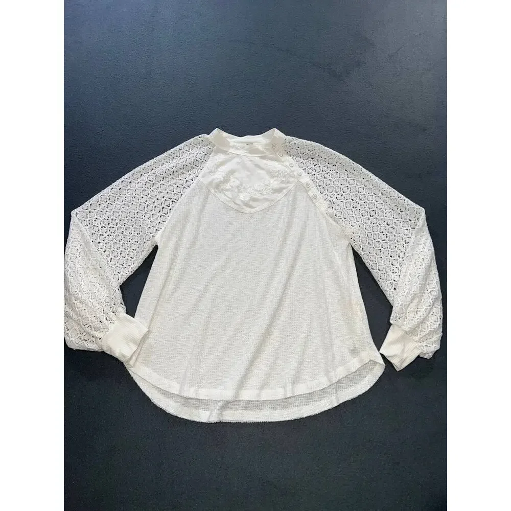 Free People embroidered Y2K Long Sleeve Blouse Mock Neck Ivory Large A010225